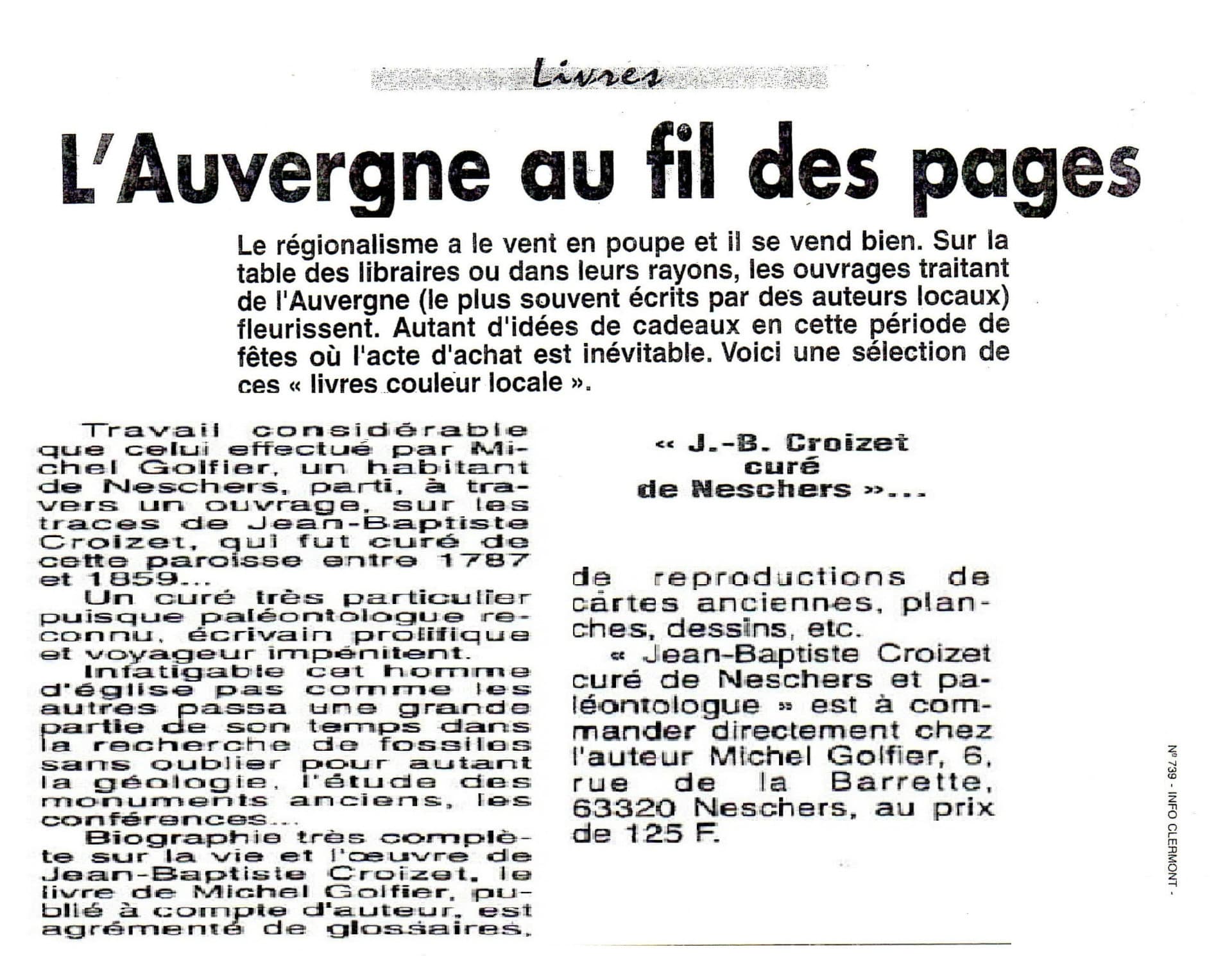 Articles de presse publiés en 1998 sur Jean-Baptiste Croizet, curé de Neschers et paléontologue.